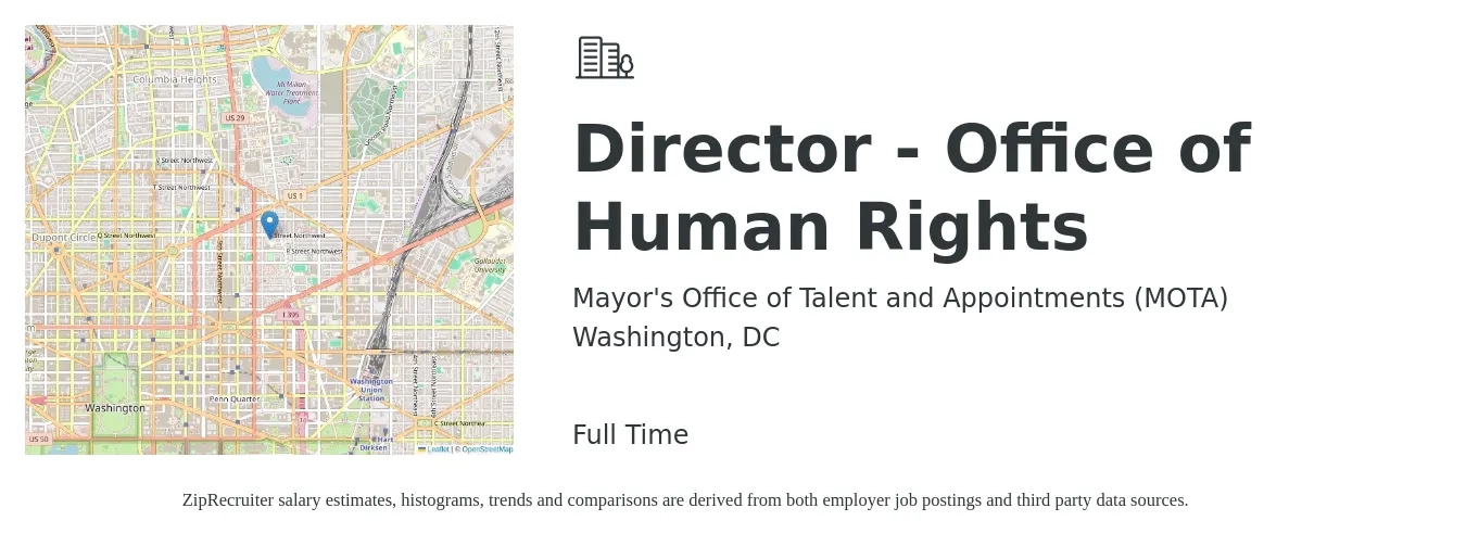Mayor's Office of Talent and Appointments (MOTA) job posting for a Director - Office of Human Rights in Washington, DC with a salary of $87,400 to $150,100 Yearly with a map of Washington location.