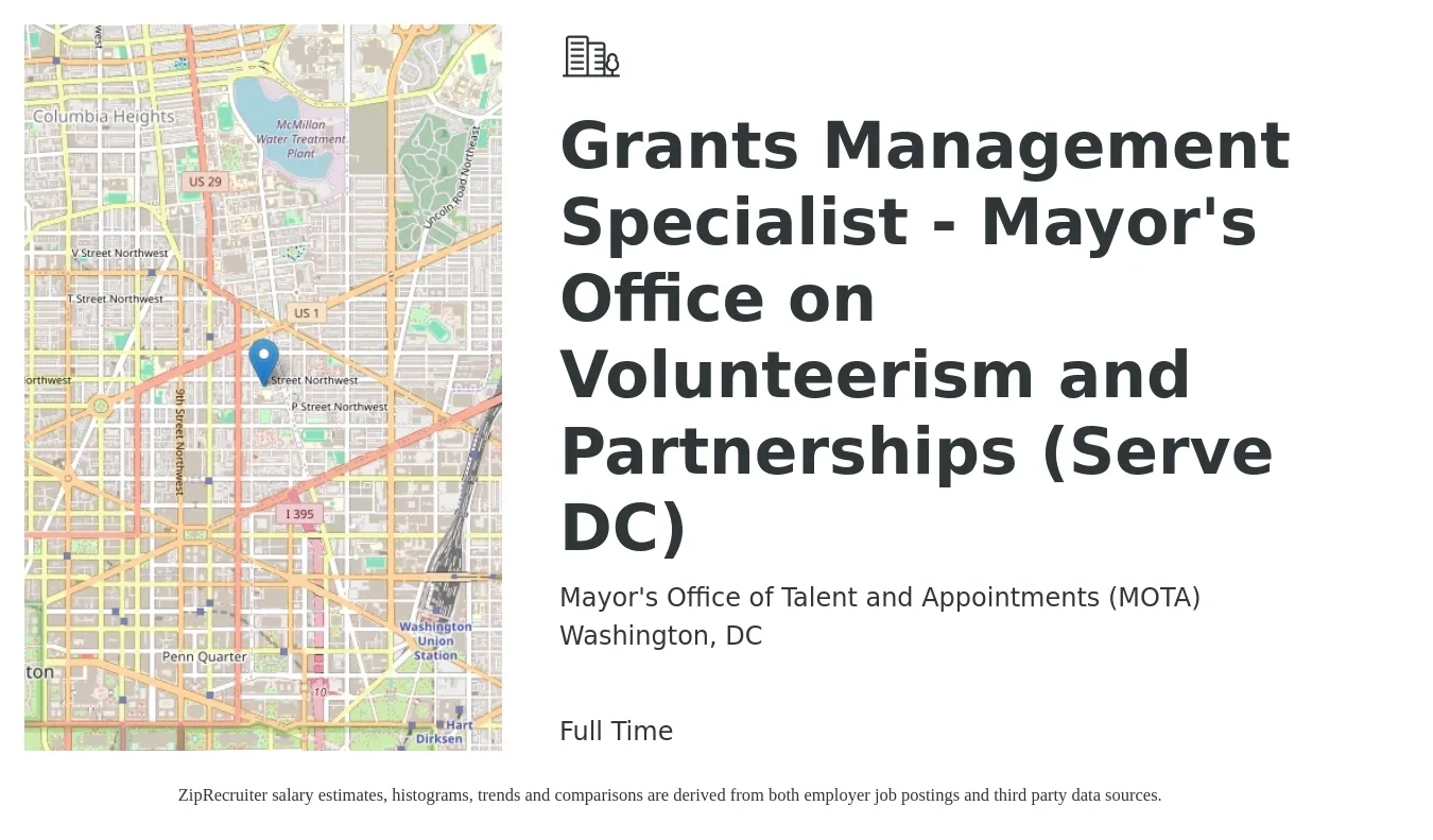 Mayor's Office of Talent and Appointments (MOTA) job posting for a Grants Management Specialist - Mayor's Office on Volunteerism and Partnerships (Serve DC) in Washington, DC with a salary of $64,300 to $111,100 Yearly with a map of Washington location.