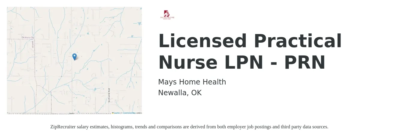Mays Home Health job posting for a Licensed Practical Nurse LPN - PRN in Newalla, OK with a salary of $23 to $31 Hourly with a map of Newalla location.