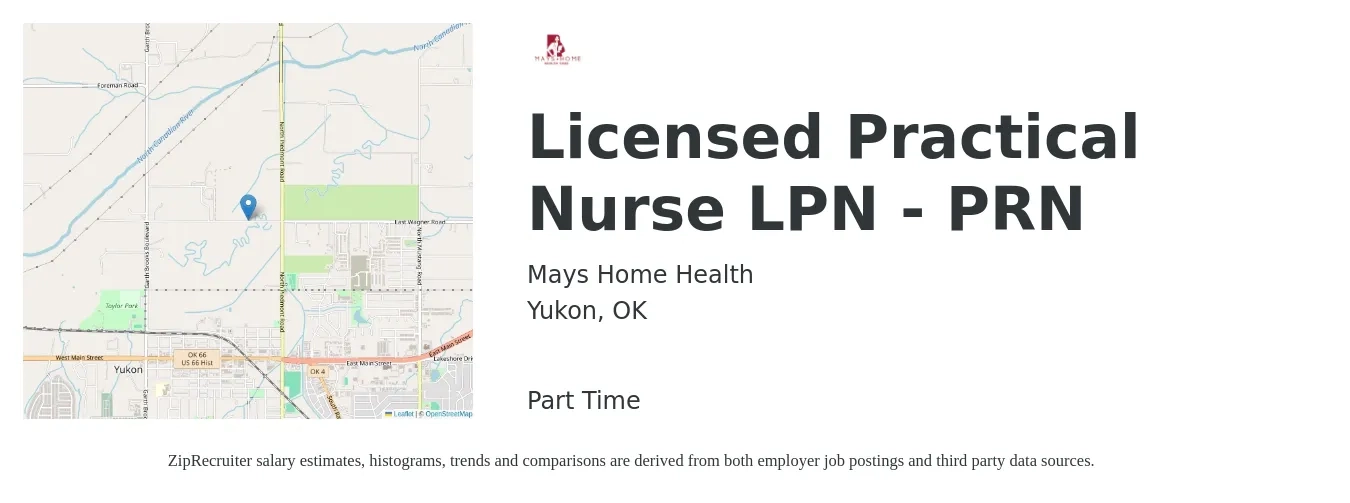 Mays Home Health job posting for a Licensed Practical Nurse LPN - PRN in Yukon, OK with a salary of $22 to $30 Hourly with a map of Yukon location.
