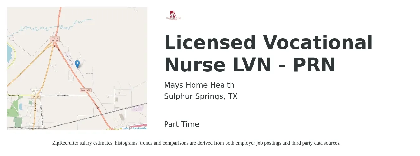 Mays Home Health job posting for a Licensed Vocational Nurse LVN - PRN in Sulphur Springs, TX with a salary of $22 to $30 Hourly with a map of Sulphur Springs location.