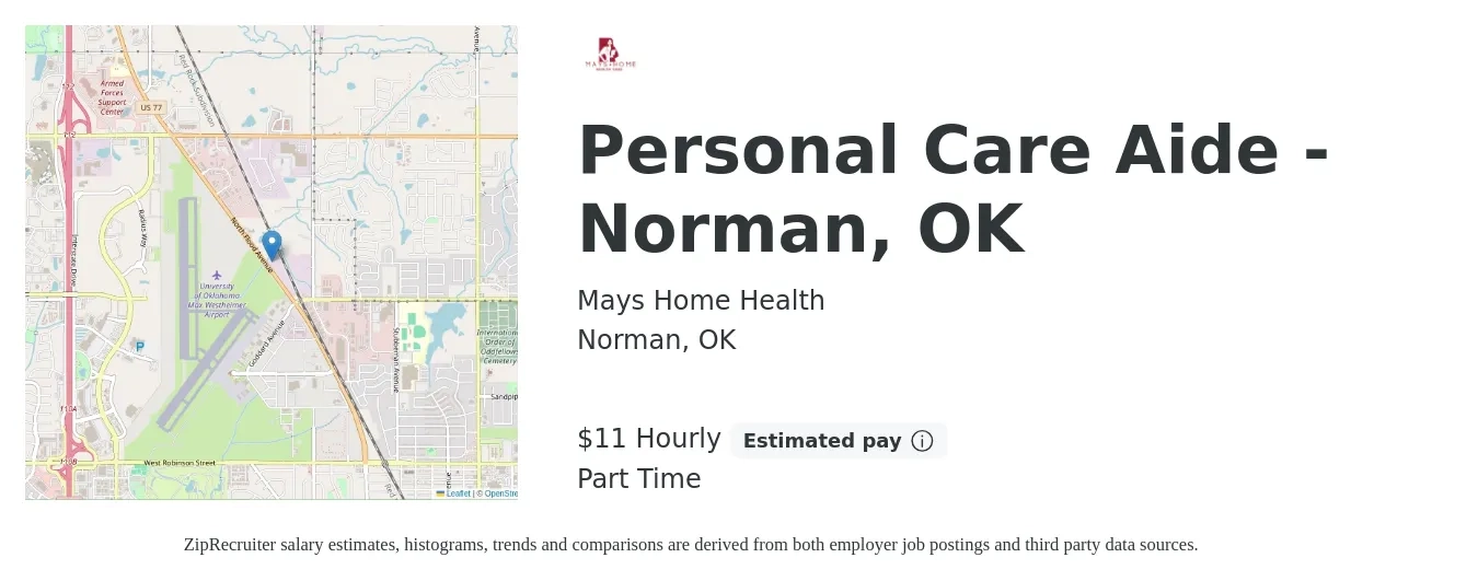 Mays Home Health job posting for a Personal Care Aide - Norman, OK in Norman, OK with a salary of $12 Hourly with a map of Norman location.