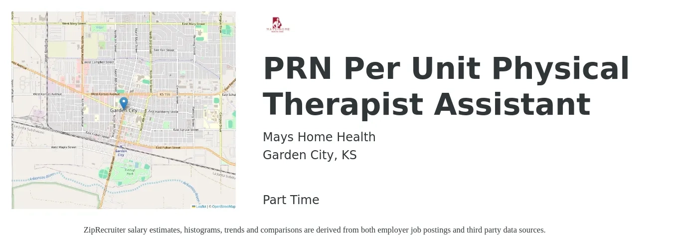 Mays Home Health job posting for a PRN Per Unit Physical Therapist Assistant in Garden City, KS with a salary of $24 to $32 Hourly with a map of Garden City location.