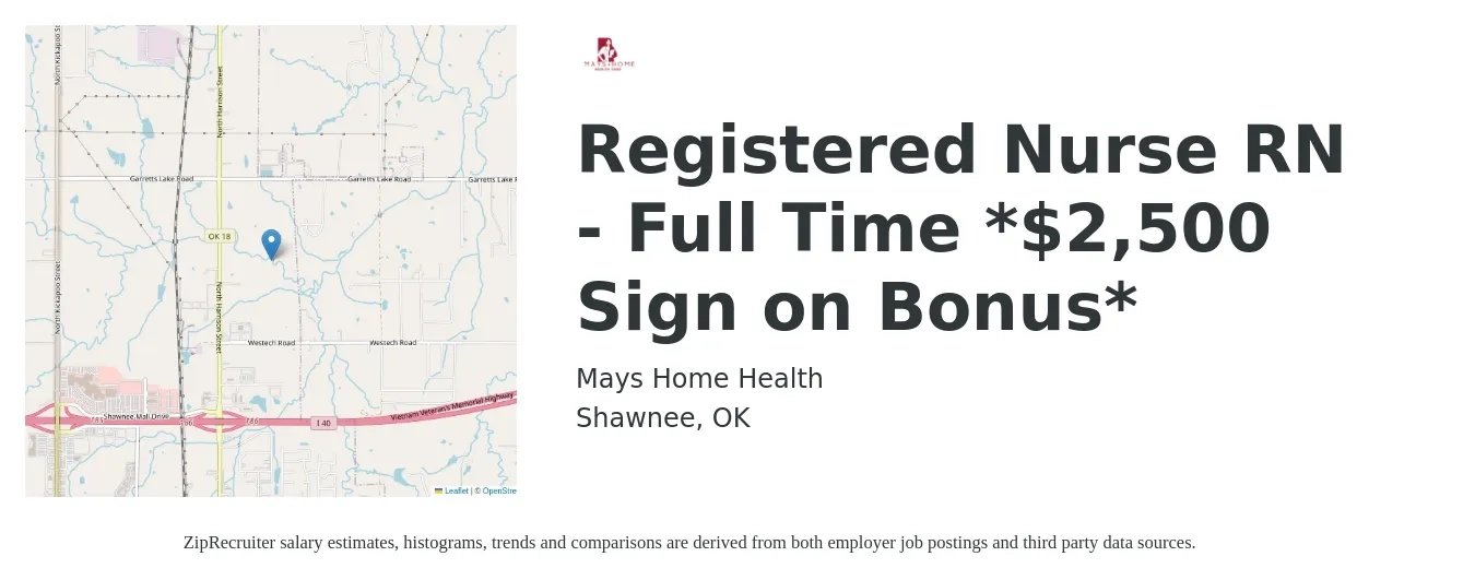Mays Home Health job posting for a Registered Nurse RN - Full Time *$2,500 Sign on Bonus* in Shawnee, OK with a salary of $31 to $48 Hourly with a map of Shawnee location.