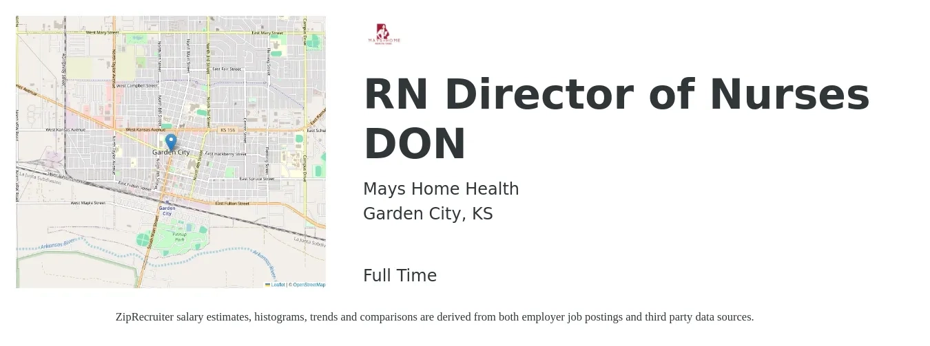 Mays Home Health job posting for a RN Director of Nurses DON in Garden City, KS with a salary of $71,800 to $108,600 Yearly with a map of Garden City location.