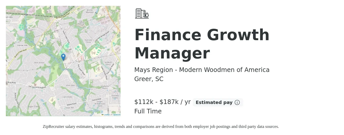 Mays Region - Modern Woodmen of America job posting for a Finance Growth Manager in Greer, SC with a salary of $112,000 to $187,000 Yearly with a map of Greer location.