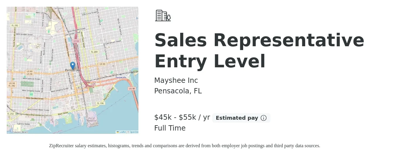 Mayshee, Inc job posting for a Sales Representative Entry Level in Pensacola, FL with a salary of $45,000 to $55,000 Yearly with a map of Pensacola location.