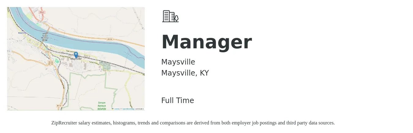 Maysville job posting for a Manager in Maysville, KY with a salary of $40,800 to $95,000 Yearly with a map of Maysville location.