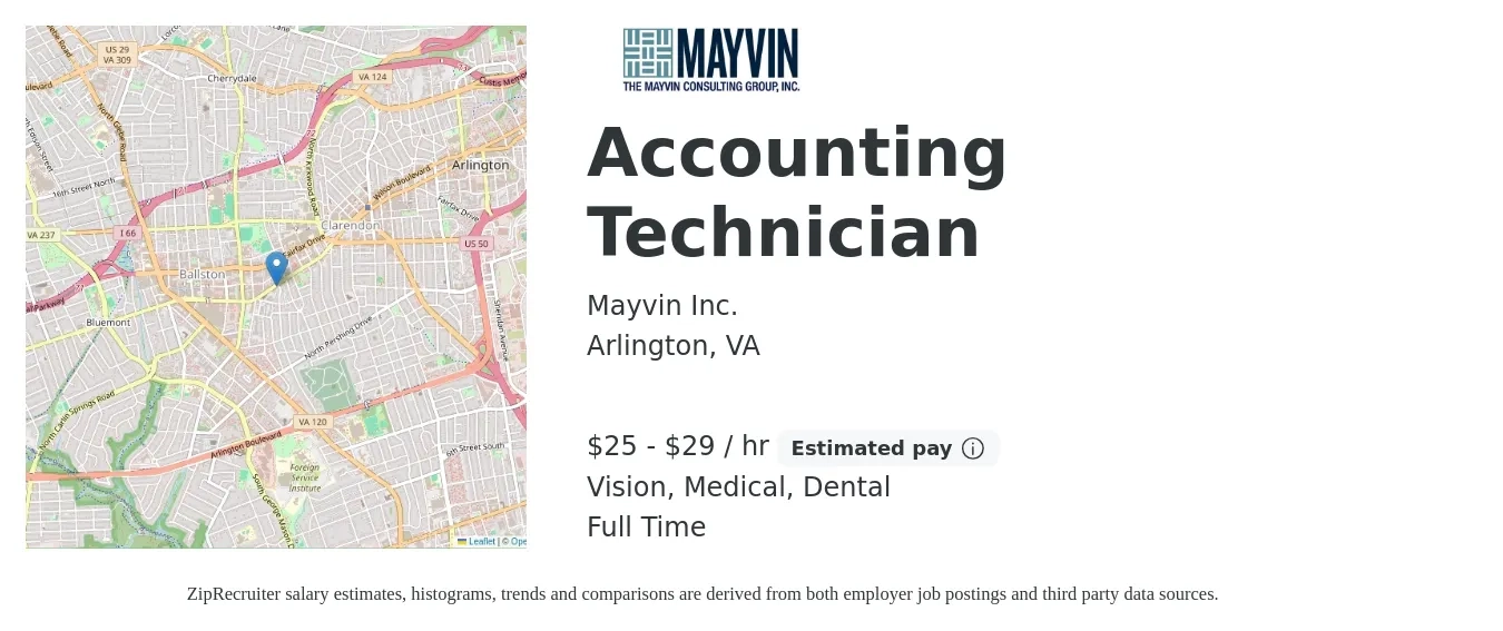 Mayvin Inc. job posting for a Accounting Technician in Arlington, VA with a salary of $26 to $31 Hourly and benefits including pto, retirement, vision, dental, life_insurance, and medical with a map of Arlington location.