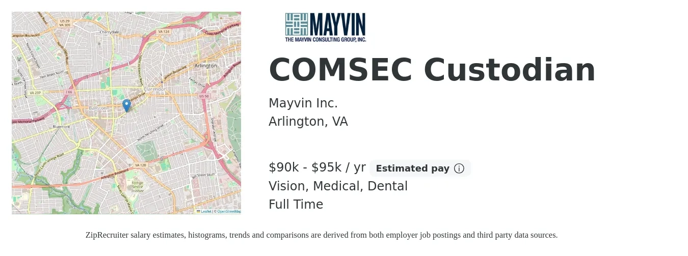 Mayvin Inc. job posting for a COMSEC Custodian in Arlington, VA with a salary of $90,000 to $95,000 Yearly and benefits including medical, pto, retirement, vision, dental, and life_insurance with a map of Arlington location.