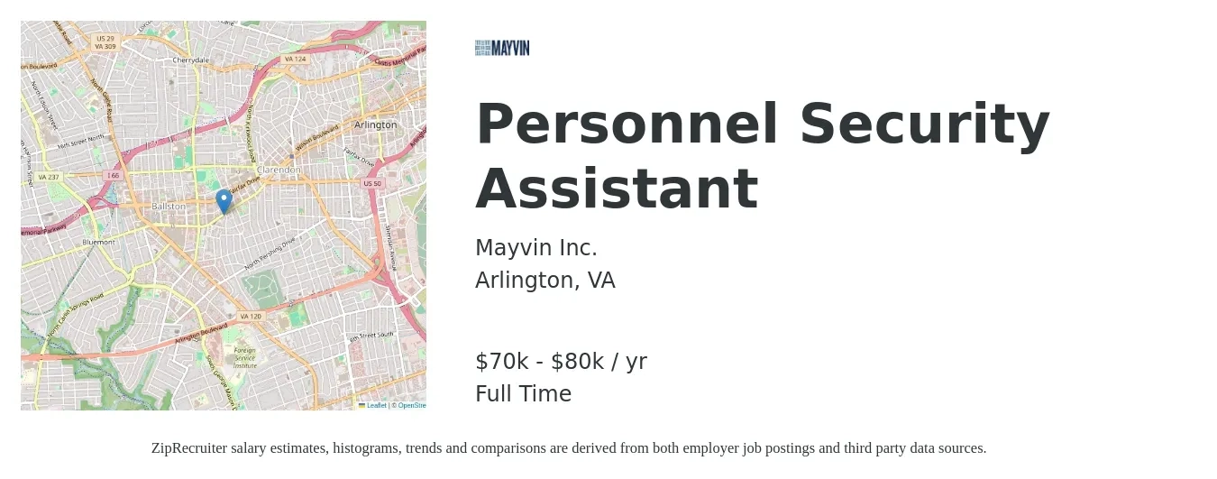 Mayvin Inc. job posting for a Personnel Security Assistant in Arlington, VA with a salary of $43,100 to $46,000 Yearly and benefits including dental, life_insurance, medical, pto, retirement, and vision with a map of Arlington location.