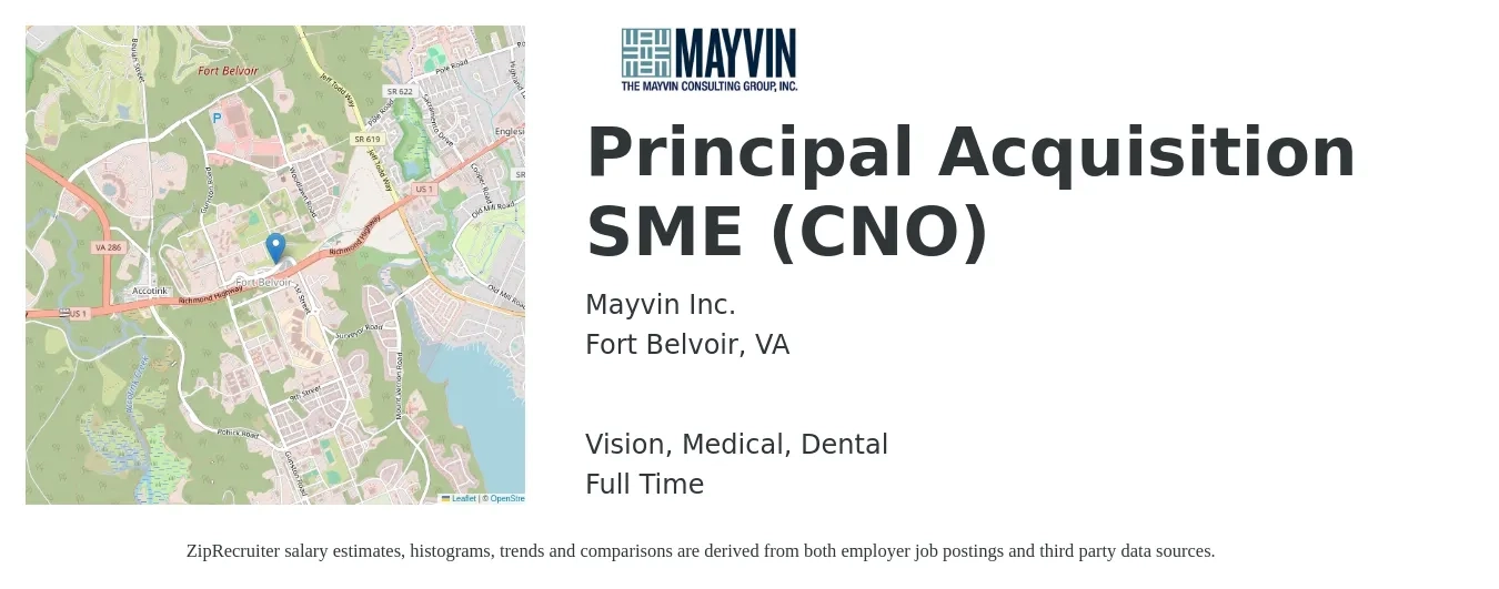 Mayvin Inc. job posting for a Principal Acquisition SME (CNO) in Fort Belvoir, VA with a salary of $89,900 to $119,300 Yearly and benefits including retirement, vision, dental, life_insurance, medical, and pto with a map of Fort Belvoir location.