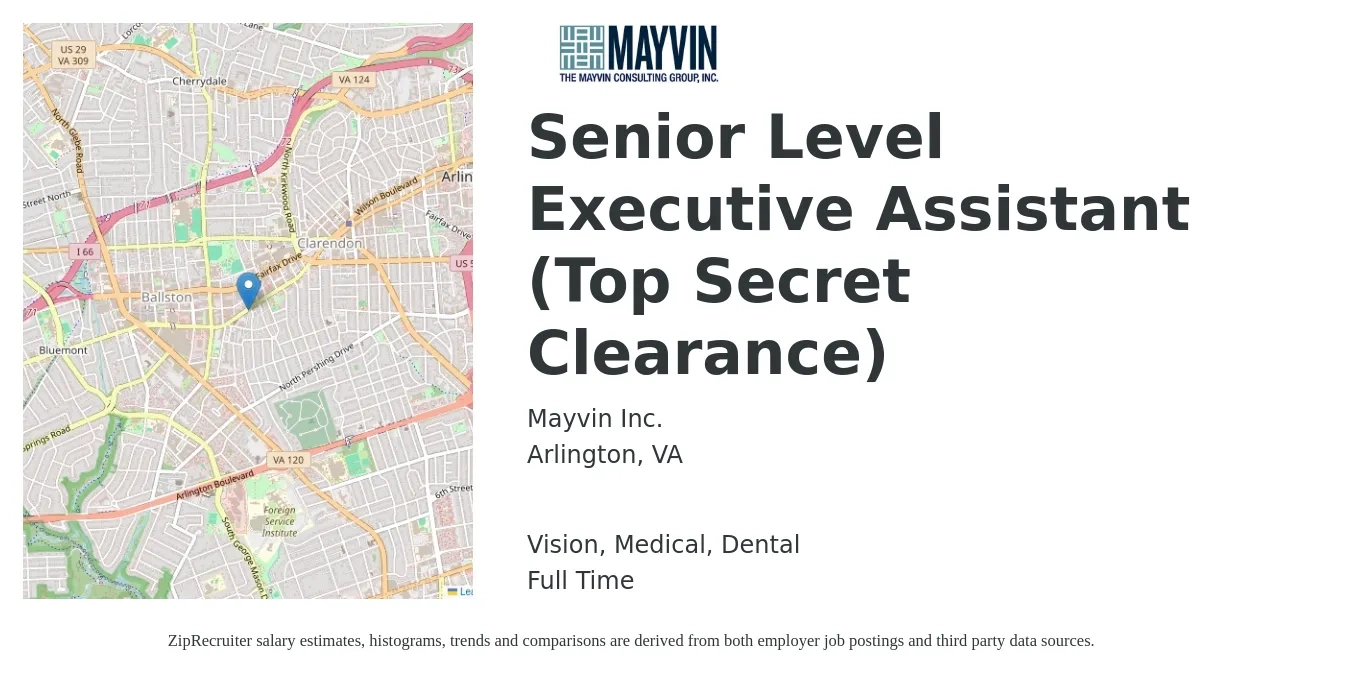 Mayvin Inc. job posting for a Senior Level Executive Assistant (Top Secret Clearance) in Arlington, VA with a salary of $69,000 to $121,400 Yearly and benefits including vision, dental, life_insurance, medical, pto, and retirement with a map of Arlington location.