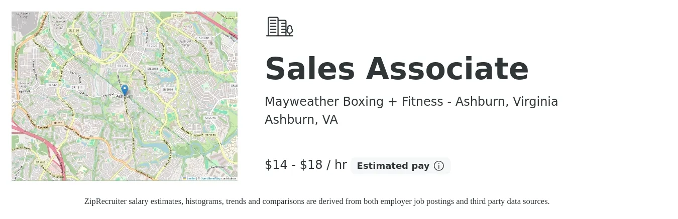 Mayweather Boxing + Fitness - Ashburn, Virginia job posting for a Sales Associate in Ashburn, VA with a salary of $15 to $19 Hourly with a map of Ashburn location.