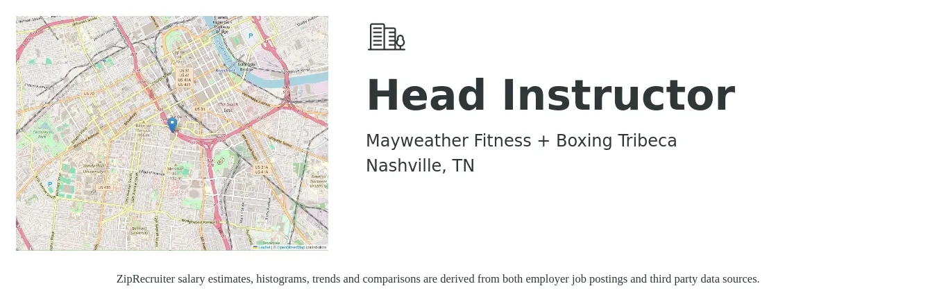 Mayweather Fitness + Boxing Tribeca job posting for a Head Instructor in Nashville, TN with a salary of $18 to $29 Hourly with a map of Nashville location.