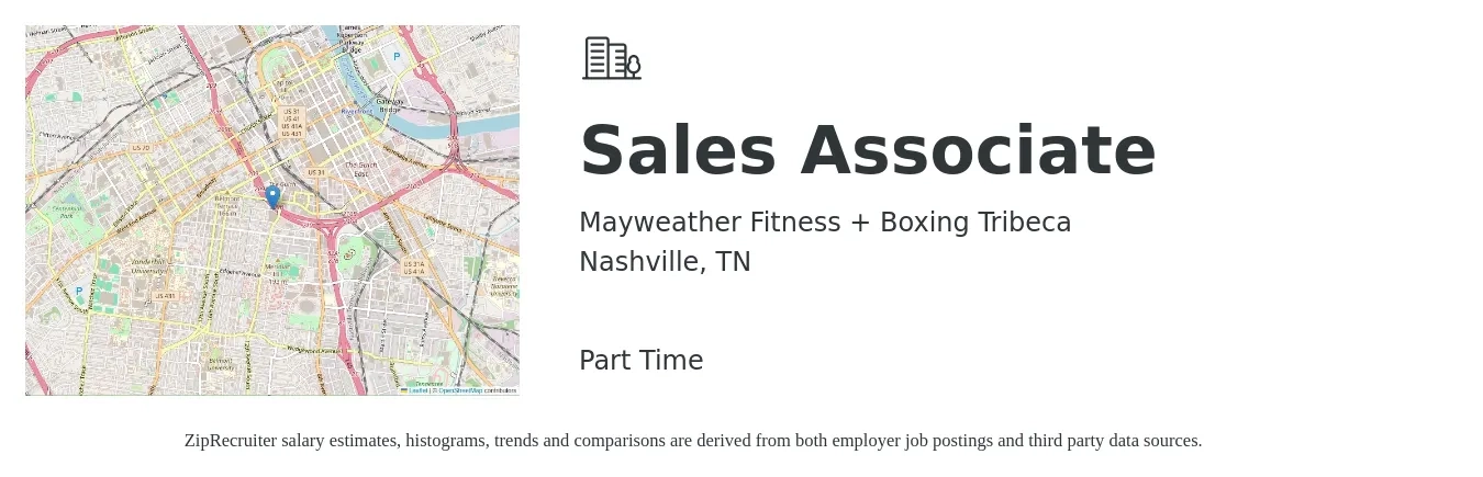 Mayweather Fitness + Boxing Tribeca job posting for a Sales Associate in Nashville, TN with a salary of $12 to $20 Hourly with a map of Nashville location.