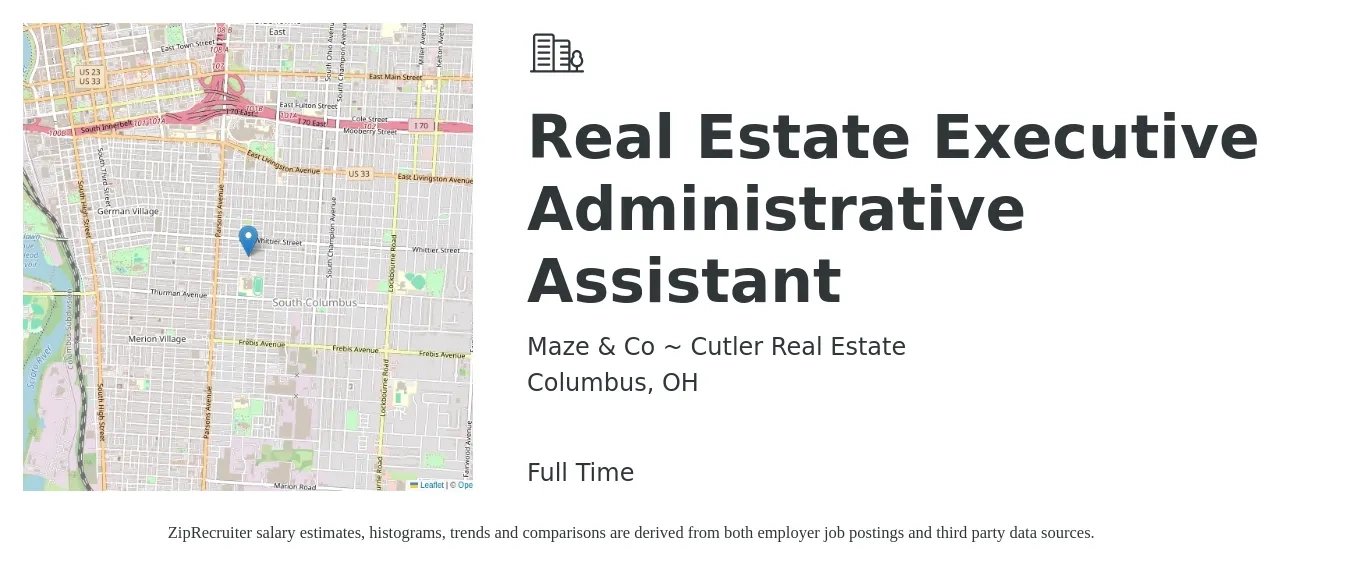 Maze & Co ~ Cutler Real Estate job posting for a Real Estate Executive Administrative Assistant in Columbus, OH with a salary of $17 to $23 Hourly with a map of Columbus location.