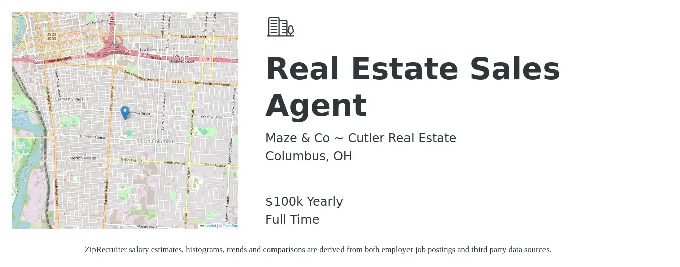 Maze & Co ~ Cutler Real Estate job posting for a Real Estate Sales Agent in Columbus, OH with a salary of $100,000 Yearly with a map of Columbus location.
