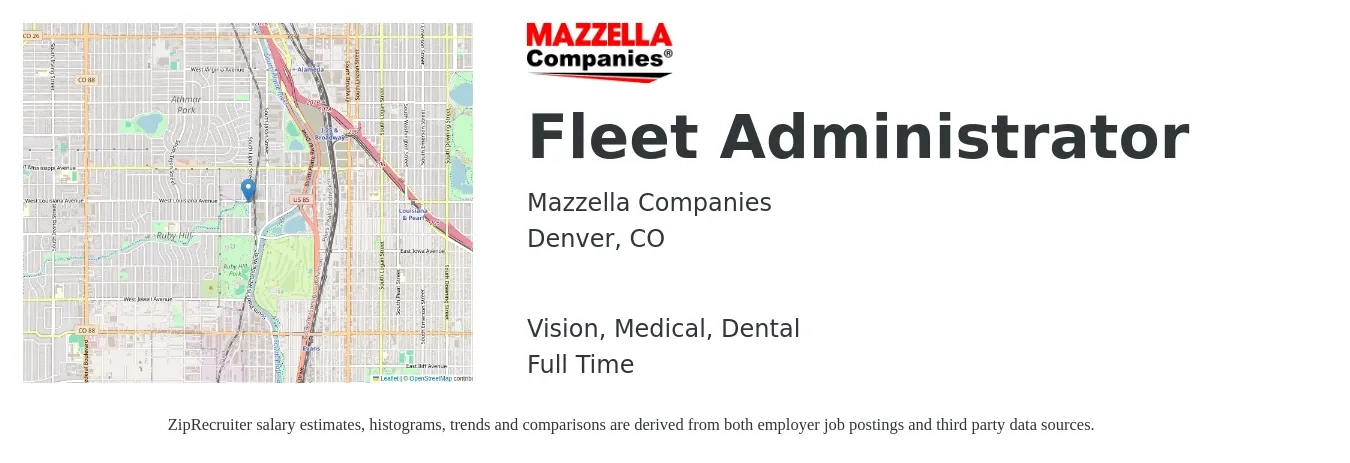 Mazzella Companies job posting for a Fleet Administrator in Denver, CO with a salary of $22 to $31 Hourly and benefits including medical, retirement, vision, dental, and life_insurance with a map of Denver location.