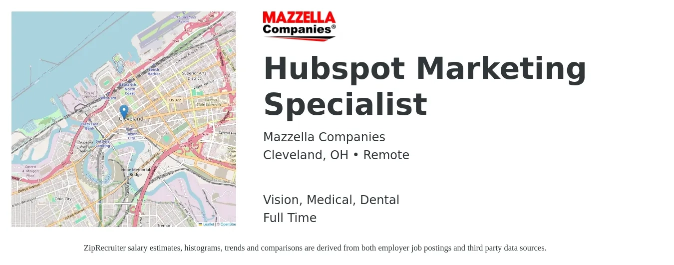 Mazzella Companies job posting for a Hubspot Marketing Specialist in Cleveland, OH with a salary of $46,100 to $67,900 Yearly and benefits including dental, life_insurance, medical, retirement, and vision with a map of Cleveland location.