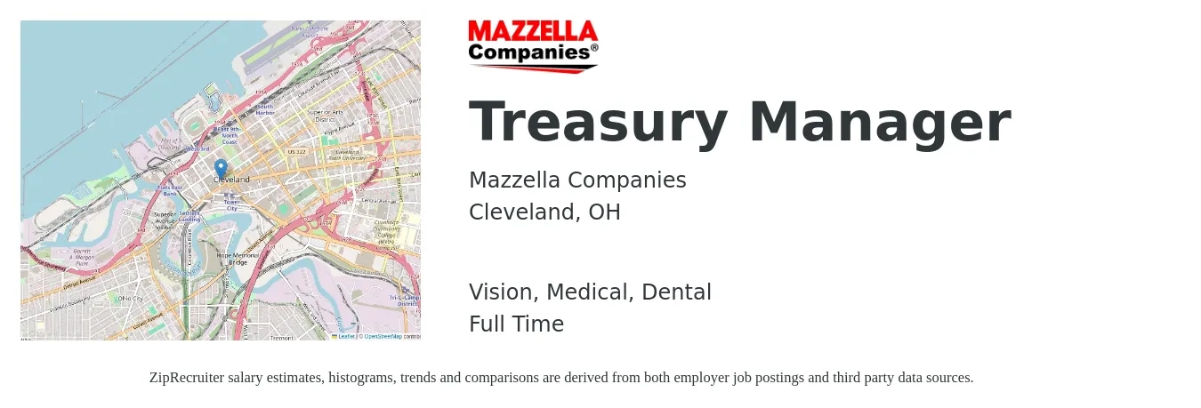 Mazzella Companies job posting for a Treasury Manager in Cleveland, OH with a salary of $84,400 to $117,800 Yearly and benefits including retirement, vision, dental, life_insurance, and medical with a map of Cleveland location.
