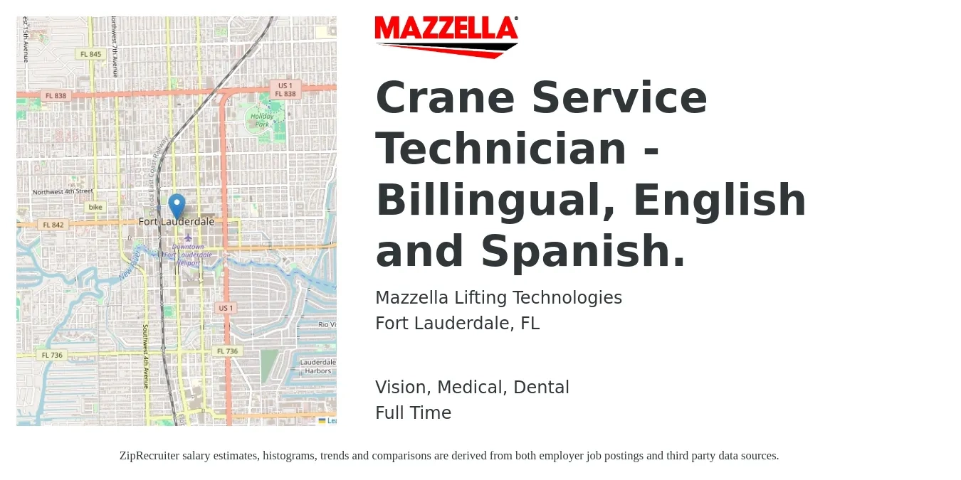 Mazzella Lifting Technologies job posting for a Crane Service Technician - Billingual, English and Spanish. in Fort Lauderdale, FL with a salary of $19 to $28 Hourly and benefits including medical, retirement, vision, dental, and life_insurance with a map of Fort Lauderdale location.