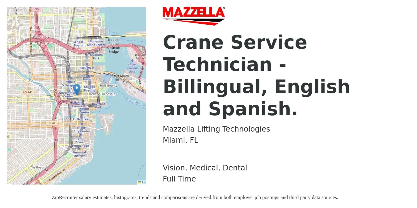 Mazzella Lifting Technologies job posting for a Crane Service Technician - Billingual, English and Spanish. in Miami, FL with a salary of $19 to $28 Hourly and benefits including dental, life_insurance, medical, retirement, and vision with a map of Miami location.