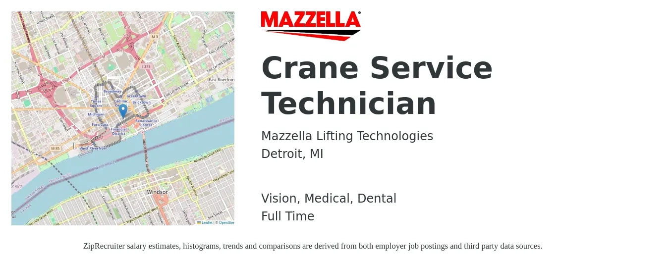 Mazzella Lifting Technologies job posting for a Crane Service Technician in Detroit, MI with a salary of $26 to $36 Hourly and benefits including dental, life_insurance, medical, retirement, and vision with a map of Detroit location.