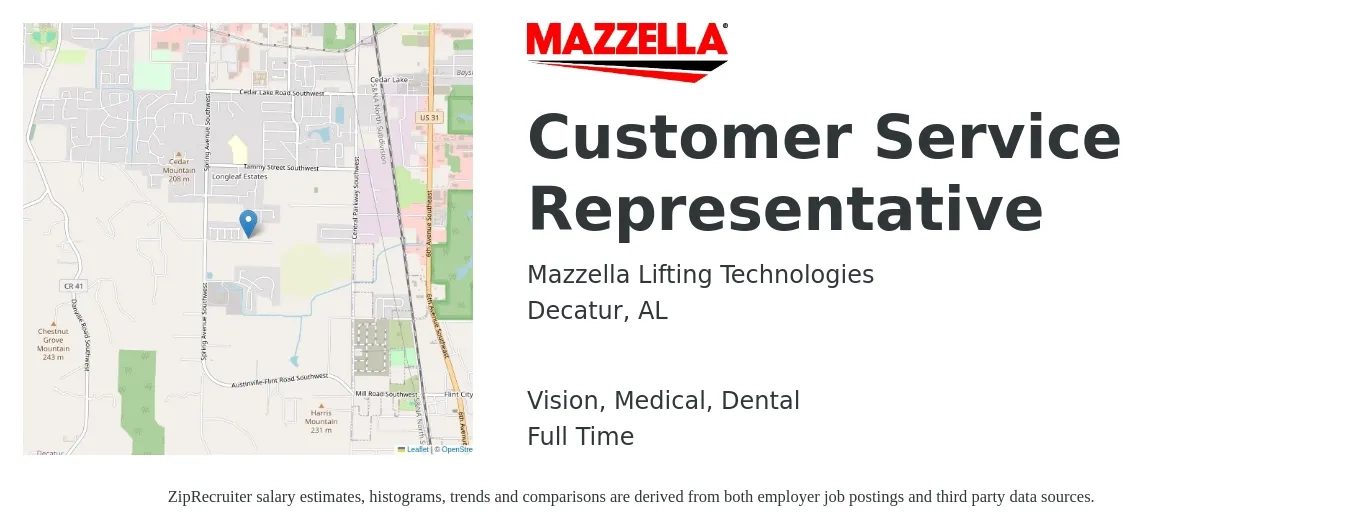 Mazzella Lifting Technologies job posting for a Customer Service Representative in Decatur, AL with a salary of $15 to $20 Hourly and benefits including retirement, vision, dental, life_insurance, and medical with a map of Decatur location.