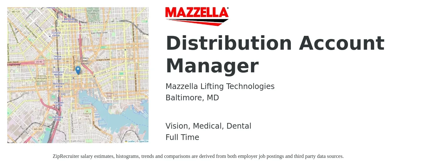 Mazzella Lifting Technologies job posting for a Distribution Account Manager in Baltimore, MD with a salary of $47,700 to $78,000 Yearly and benefits including life_insurance, medical, retirement, vision, and dental with a map of Baltimore location.