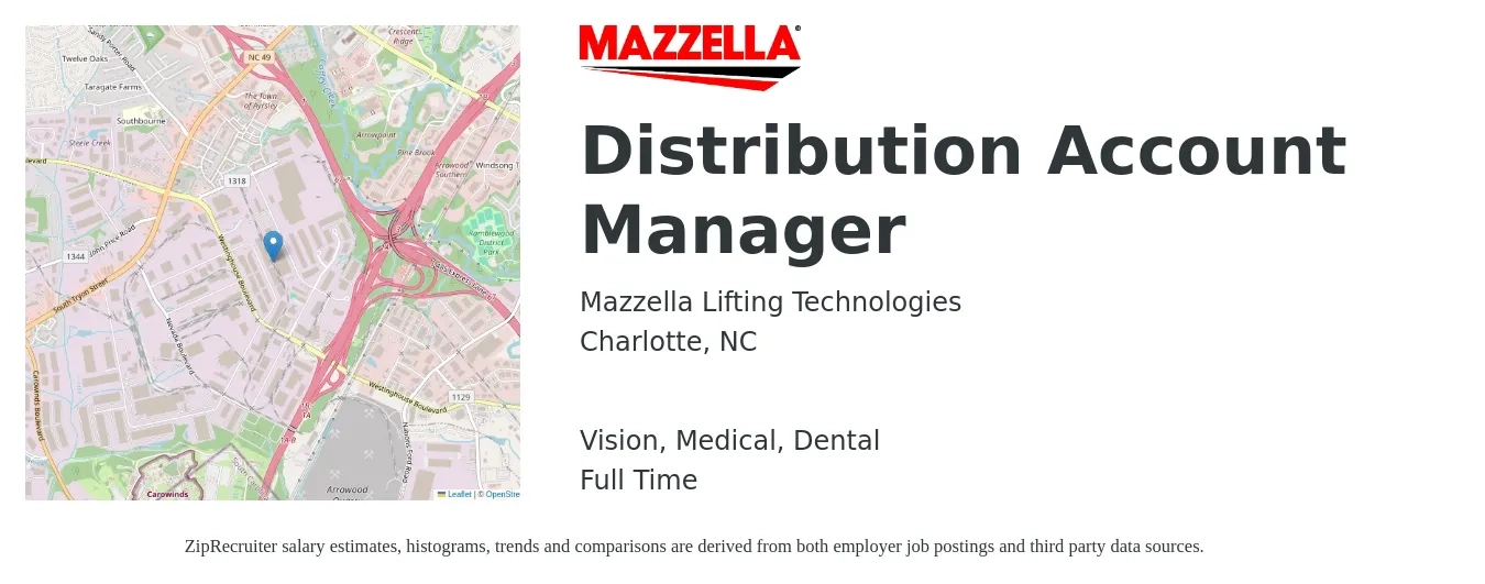 Mazzella Lifting Technologies job posting for a Distribution Account Manager in Charlotte, NC with a salary of $46,900 to $76,700 Yearly and benefits including life_insurance, medical, retirement, vision, and dental with a map of Charlotte location.