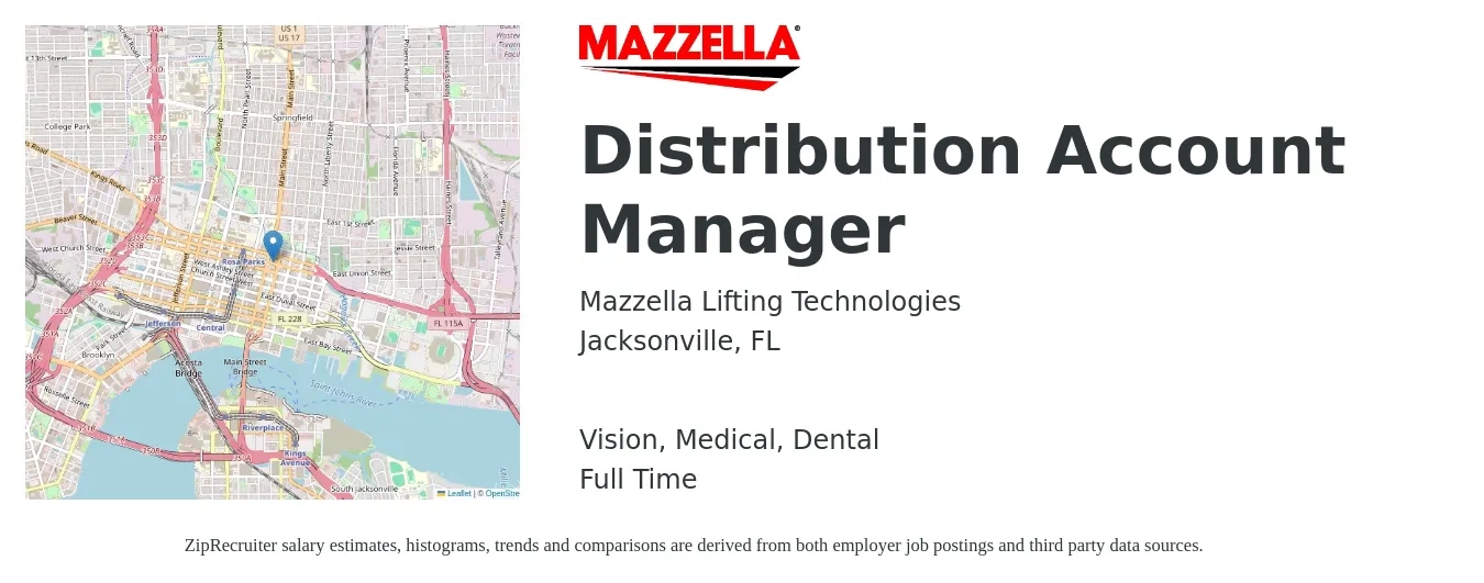 Mazzella Lifting Technologies job posting for a Distribution Account Manager in Jacksonville, FL with a salary of $44,500 to $72,700 Yearly and benefits including vision, dental, life_insurance, medical, and retirement with a map of Jacksonville location.