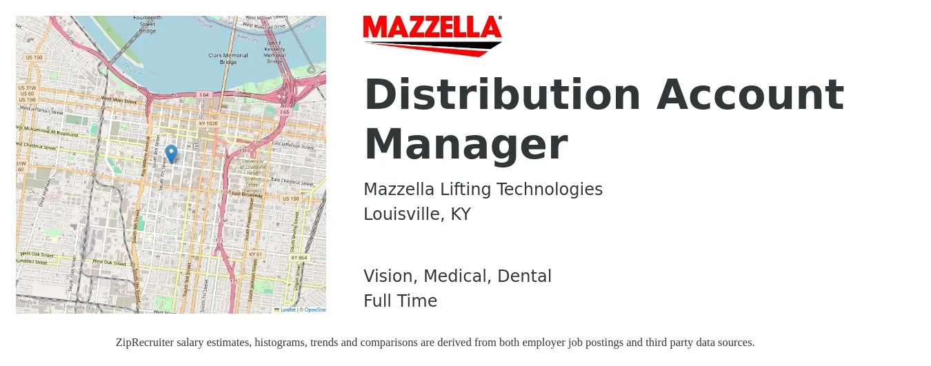 Mazzella Lifting Technologies job posting for a Distribution Account Manager in Louisville, KY with a salary of $46,100 to $75,400 Yearly and benefits including dental, life_insurance, medical, retirement, and vision with a map of Louisville location.