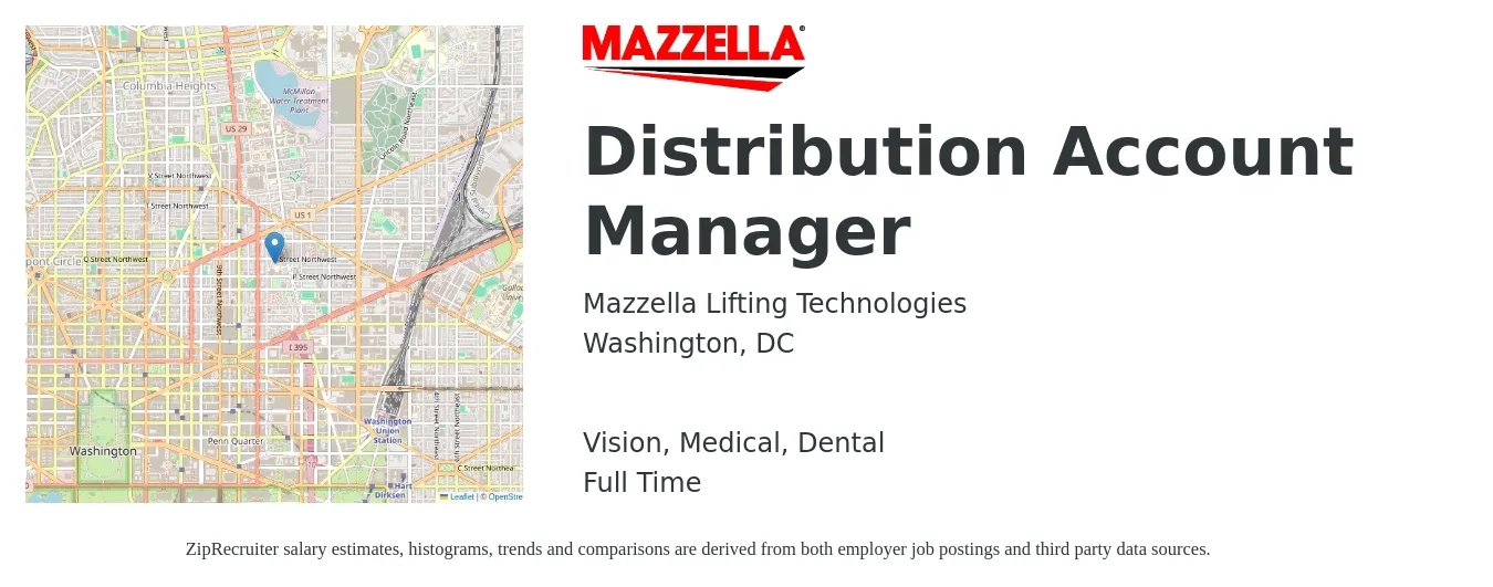Mazzella Lifting Technologies job posting for a Distribution Account Manager in Washington, DC with a salary of $54,400 to $88,900 Yearly and benefits including vision, dental, life_insurance, medical, and retirement with a map of Washington location.