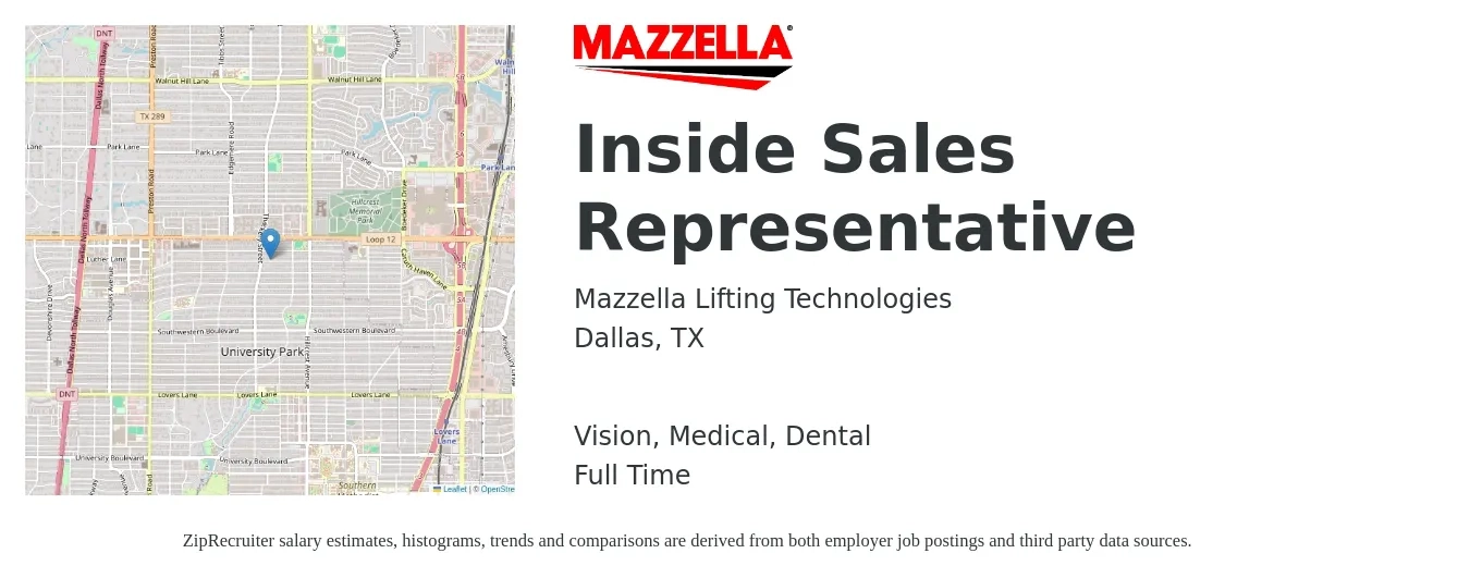 Mazzella Lifting Technologies job posting for a Inside Sales Representative in Dallas, TX with a salary of $39,100 to $58,400 Yearly and benefits including life_insurance, medical, retirement, vision, and dental with a map of Dallas location.