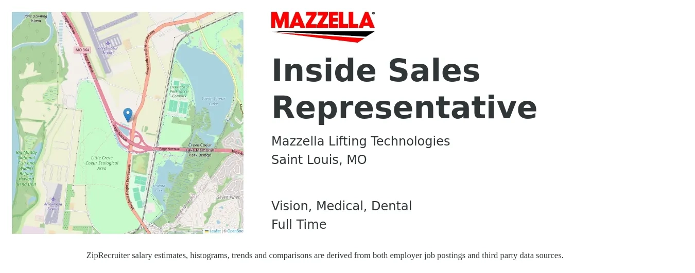 Mazzella Lifting Technologies job posting for a Inside Sales Representative in Saint Louis, MO with a salary of $38,400 to $57,400 Yearly and benefits including life_insurance, medical, retirement, vision, and dental with a map of Saint Louis location.