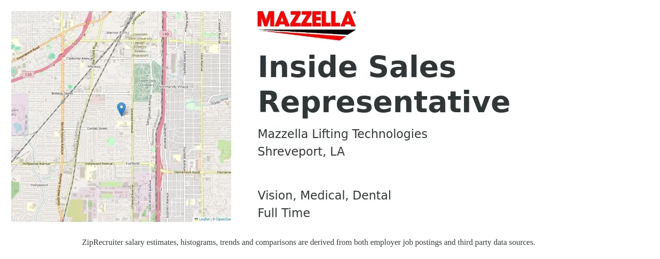 Mazzella Lifting Technologies job posting for a Inside Sales Representative in Shreveport, LA with a salary of $39,200 to $58,500 Yearly and benefits including dental, life_insurance, medical, retirement, and vision with a map of Shreveport location.