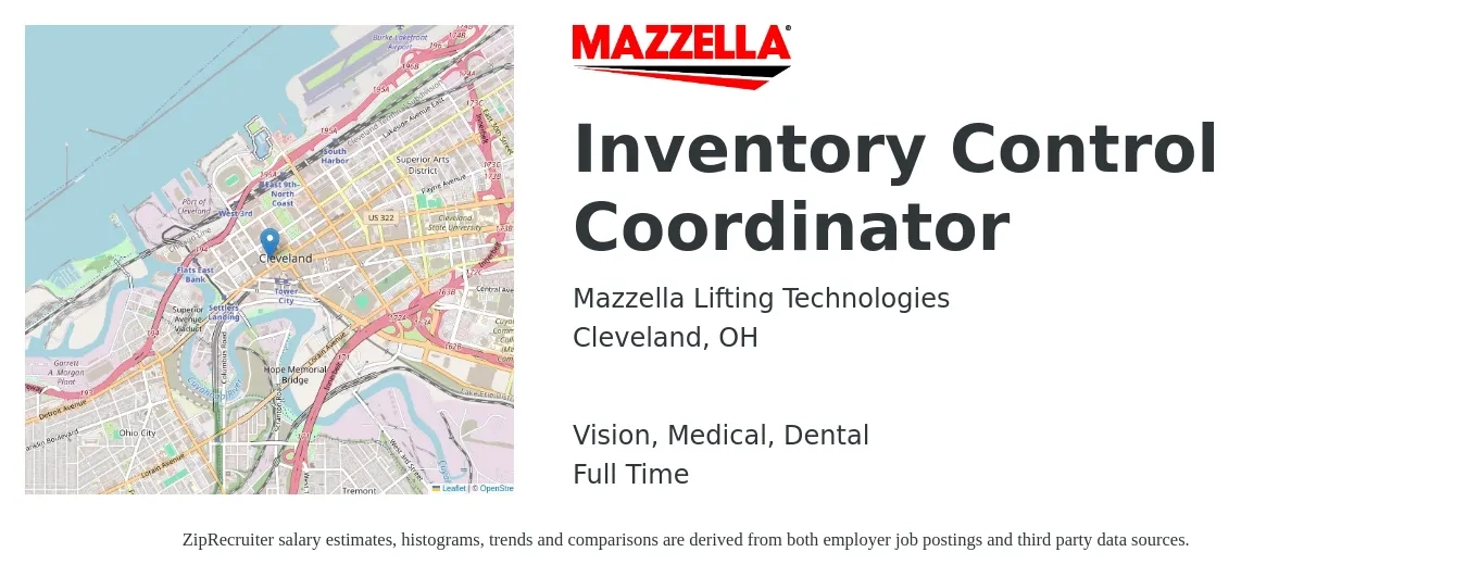 Mazzella Lifting Technologies job posting for a Inventory Control Coordinator in Cleveland, OH with a salary of $18 to $23 Hourly and benefits including vision, dental, life_insurance, medical, and retirement with a map of Cleveland location.