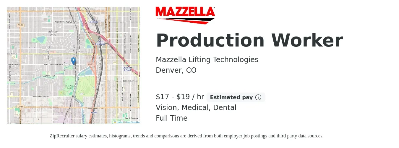 Mazzella Lifting Technologies job posting for a Production Worker in Denver, CO with a salary of $18 to $20 Hourly and benefits including vision, dental, life_insurance, medical, and retirement with a map of Denver location.