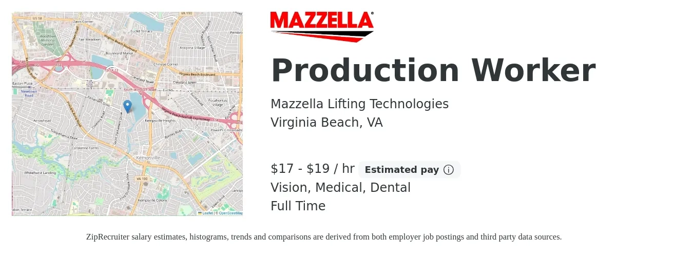 Mazzella Lifting Technologies job posting for a Production Worker in Virginia Beach, VA with a salary of $18 to $20 Hourly and benefits including dental, life_insurance, medical, retirement, and vision with a map of Virginia Beach location.