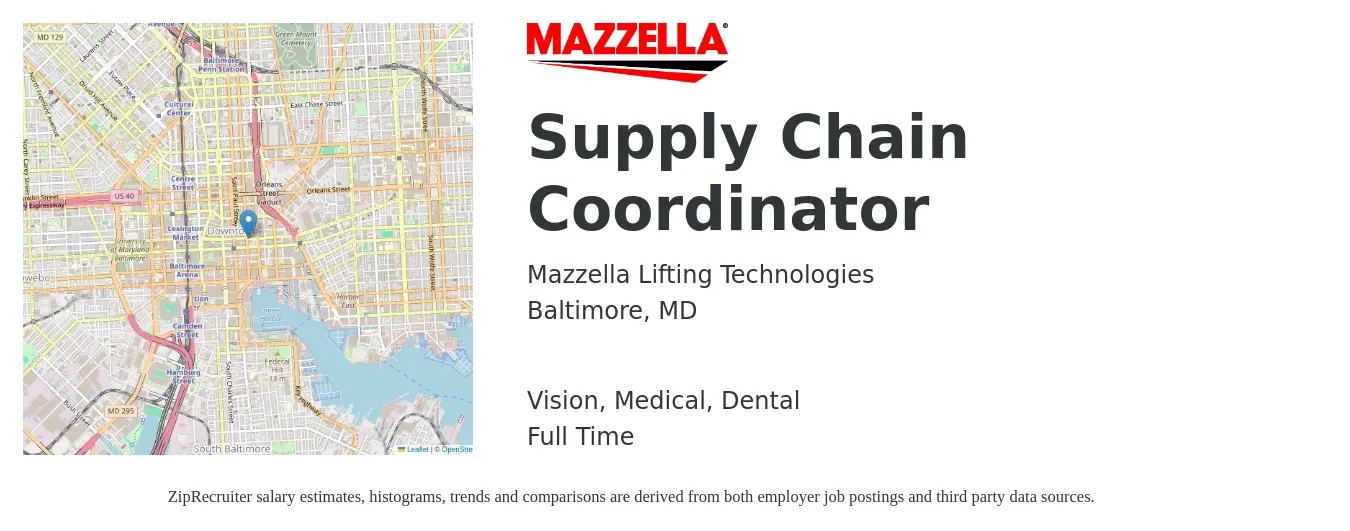 Mazzella Lifting Technologies job posting for a Supply Chain Coordinator in Baltimore, MD with a salary of $21 to $31 Hourly and benefits including retirement, vision, dental, life_insurance, and medical with a map of Baltimore location.