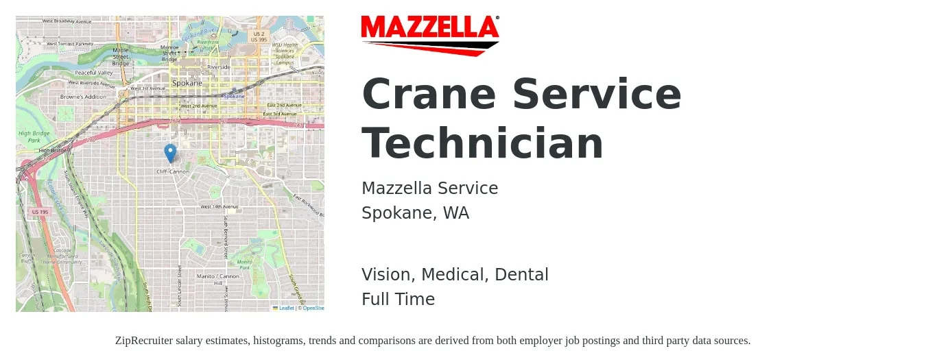 Mazzella Service job posting for a Crane Service Technician in Spokane, WA with a salary of $26 to $36 Hourly and benefits including dental, life_insurance, medical, retirement, and vision with a map of Spokane location.