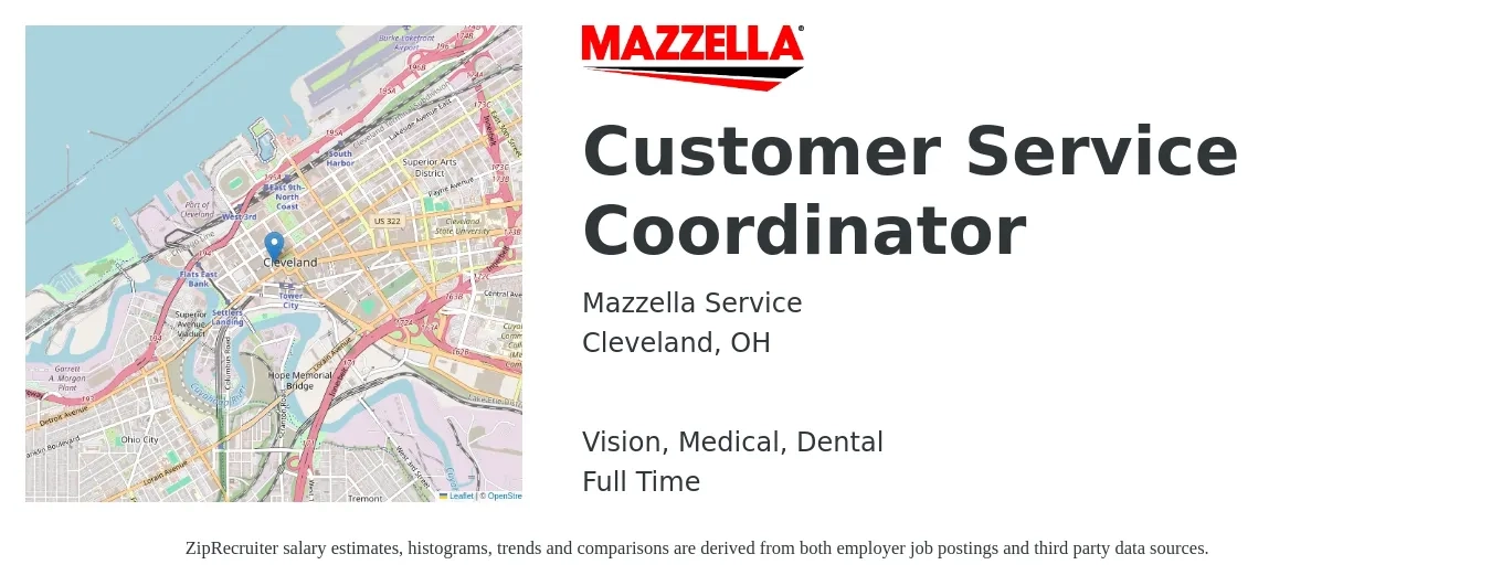 Mazzella Service job posting for a Customer Service Coordinator in Cleveland, OH with a salary of $18 to $23 Hourly and benefits including life_insurance, medical, retirement, vision, and dental with a map of Cleveland location.