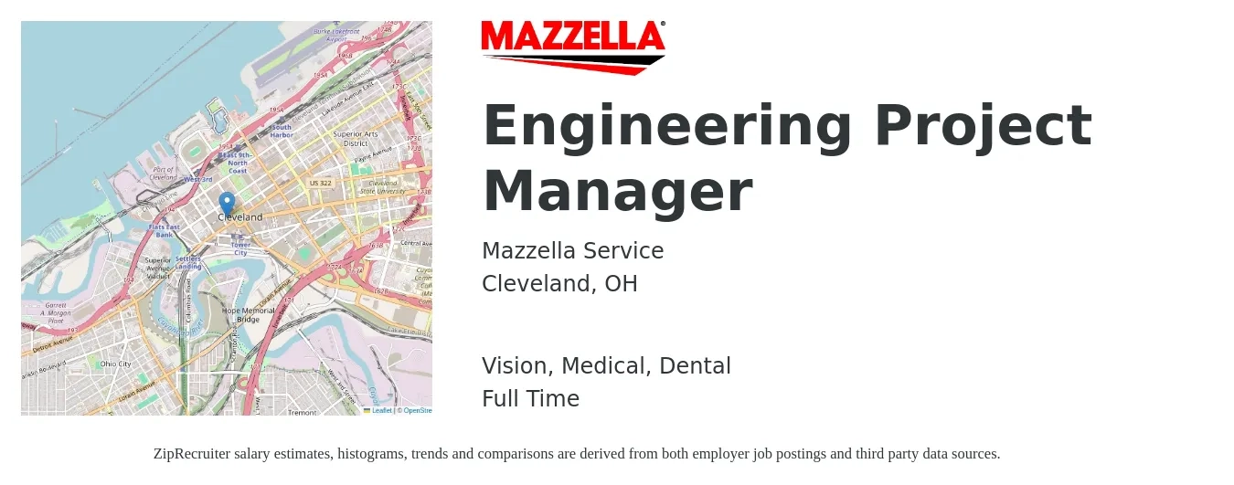 Mazzella Service job posting for a Engineering Project Manager in Cleveland, OH with a salary of $87,800 to $126,600 Yearly and benefits including life_insurance, medical, retirement, vision, and dental with a map of Cleveland location.