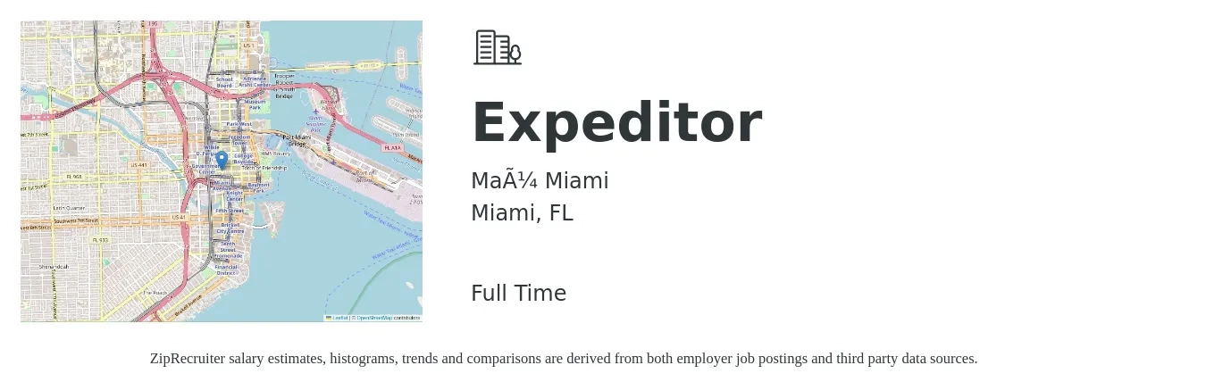 Maü Miami job posting for a Expeditor in Miami, FL with a salary of $13 to $19 Hourly with a map of Miami location.