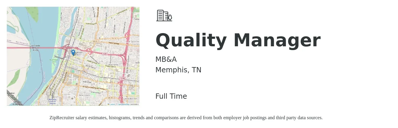 MB&A job posting for a Quality Manager in Memphis, TN with a salary of $62,200 to $97,000 Yearly with a map of Memphis location.