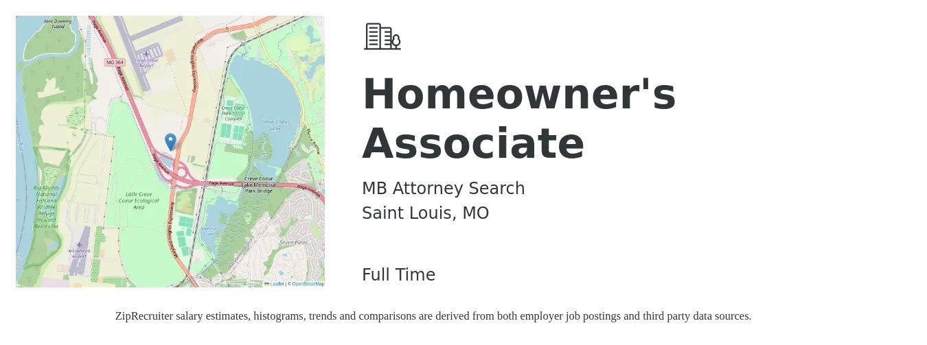 MB Attorney Search job posting for a Homeowner's Associate in Saint Louis, MO with a salary of $77,800 to $126,400 Yearly with a map of Saint Louis location.