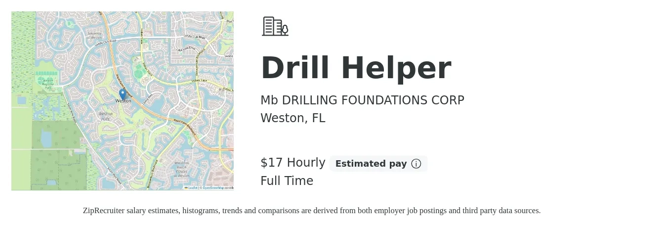 Mb DRILLING FOUNDATIONS CORP job posting for a Drill Helper in Weston, FL with a salary of $18 Hourly with a map of Weston location.