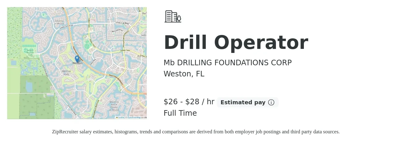 Mb DRILLING FOUNDATIONS CORP job posting for a Drill Operator in Weston, FL with a salary of $28 to $30 Hourly with a map of Weston location.