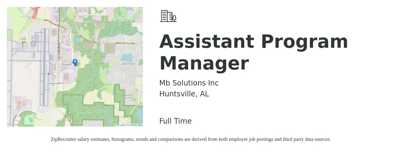 MbSolutions Inc job posting for a Assistant Program Manager in Huntsville, AL with a salary of $39,100 to $74,400 Yearly with a map of Huntsville location.